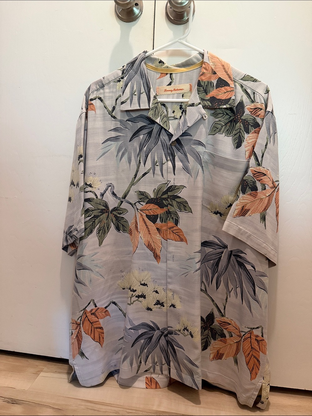 Tommy Bahama Light Gray Tropical Camp Shirt with Orange & Green Leaf Print